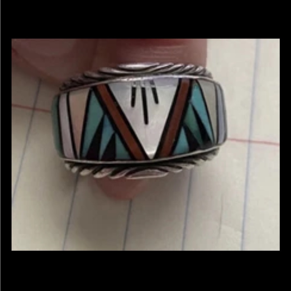 Silver Ring With Geometric Multicolor Design - image 1